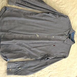 Button-down dress shirt. Ralph Lauren brand. Blue and white stripes.